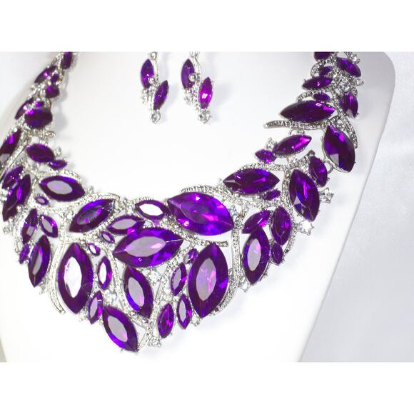 Purple necklace set, 3 pc necklace set, statement wedding party prom necklace, - Picture 3 of 8
